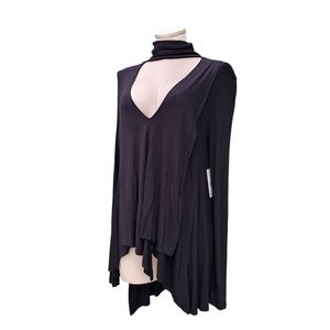 Free People XS Black Sharkbite Top V-neck Front Cut out Turtleneck Long-sleeve